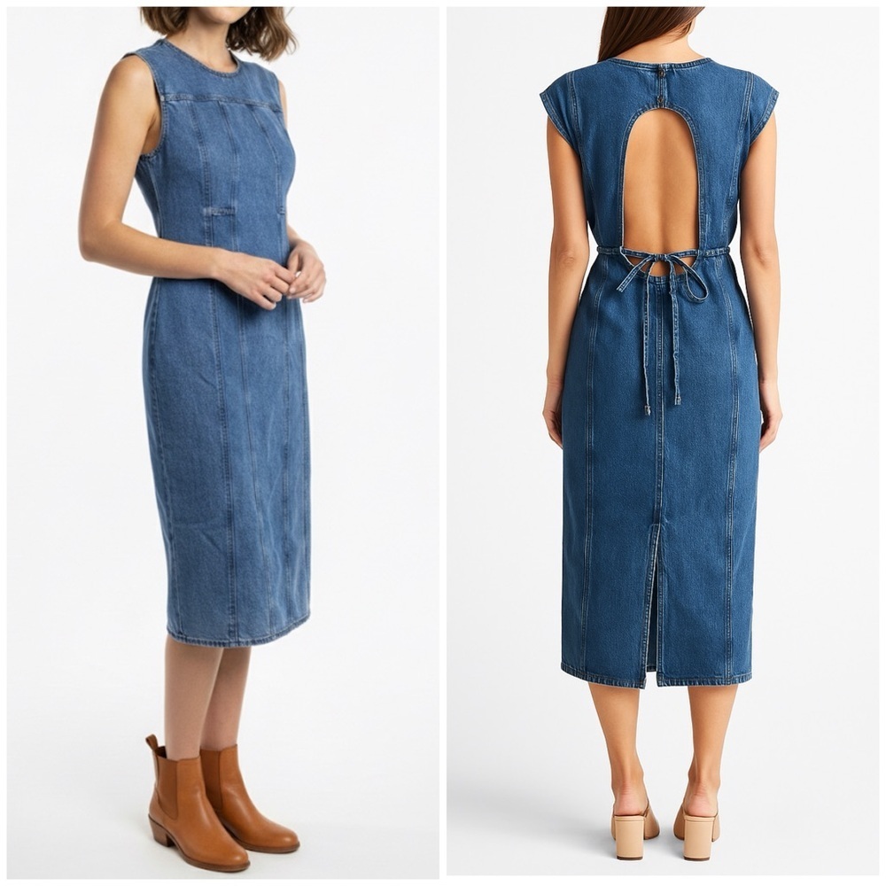 NWT DALA 31 Open Back Column Dress Cornflower Blue Denim Midi Sz 31